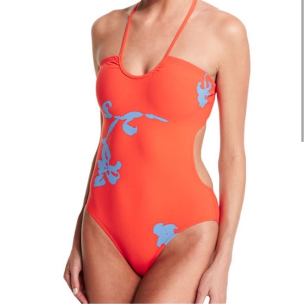 Tory Burch Orange One-Piece Swimsuit with Light Blue Floral Accents